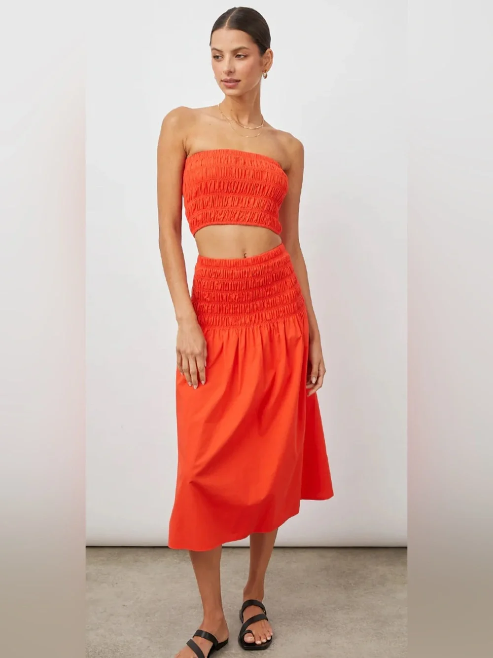Rails Selena Grenadine Orange Smocked Cotton Blend Midi Skirt - Picture 1 of 6